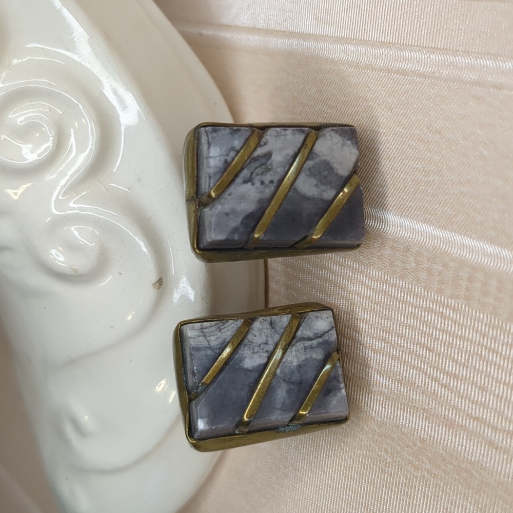 Vintage 50s Natural Stone Earrings Marble Brass Screw Back Mid Century Modern